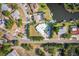 Overhead view of a community with well-maintained homes, lush landscaping, and waterfront access at 2159 Constitution Blvd, Sarasota, FL 34231