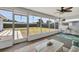 The sunroom features screens, a ceiling fan and views of the backyard at 3426 Brookline Dr, Sarasota, FL 34239