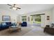 Bright living room with stylish furniture, light wood floors and sliding glass doors to the yard at 4091 Dull St, North Port, FL 34286