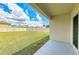 Spacious grassy backyard with white fence and covered patio at 4206 Park Willow Ave, Palmetto, FL 34221