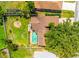 Aerial view showcasing a home with a private pool, lush landscaping, and a spacious backyard at 4612 Masefield Pl, Sarasota, FL 34241