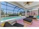 Inviting screened-in lanai with pool, comfortable seating, and lush greenery at 8731 52Nd E Dr, Bradenton, FL 34211