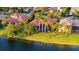 Lovely aerial shot features lush landscaping, backyard pool, and serene lake views at 6914 Dominion Ln, Lakewood Ranch, FL 34202
