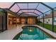 Backyard pool and patio area surrounded by a screened enclosure, perfect for outdoor entertaining at twilight at 9008 Brookfield Ter, Bradenton, FL 34212