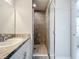 Bathroom features a single sink and a glass-enclosed shower with detailed tile work at 1053 Grantham Dr, Sarasota, FL 34234