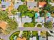 An aerial view of homes with pools and well-maintained yards in a residential neighborhood at 1324 Augusta S Ln, St Petersburg, FL 33707