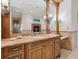 Well-lit bathroom featuring a marble vanity with ornate detailing and a separate glass-enclosed shower at 1423 & 1435 Hillview Dr, Sarasota, FL 34239