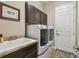 Laundry room featuring a utility sink, modern washer and dryer, dark brown cabinets, and a white door at 16246 26Th E St, Parrish, FL 34219