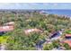 Elevated view displays the residential complex, its red tile roofs, dense tree cover, community pool and convenient parking at 6501 Mourning Dove Dr # 215, Bradenton, FL 34210