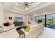 Bright living room with tray ceilings, white sofas, and sliding doors to the outdoor space at 7136 Summerland Cv, Bradenton, FL 34202