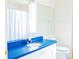 This bright bathroom features a blue counter with white cabinets and a walk-in shower at 8979 Grey Oaks Ave, Sarasota, FL 34238