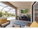 This covered lanai has a view to the pool and outdoor seating area at 15607 White Linen Dr, Bradenton, FL 34211