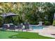 Backyard with pool, putting green, patio, lounge chairs and lush landscaping at 3446 Anglin Dr, Sarasota, FL 34242