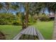 Relaxing backyard space, including a picnic table, shaded by palm trees and lush greenery at 500 N Jefferson Ave # G5, Sarasota, FL 34237