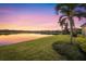 Picturesque backyard view with lush green lawn, palm trees, and serene lake at sunset at 5011 Tivoli Run, Bradenton, FL 34211