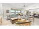 Open living area with comfortable sofas, a ceiling fan, and a view of the lake at 5011 Tivoli Run, Bradenton, FL 34211