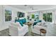 Modern living room with white sofas, turquoise accents, and a view of the outdoor area at 5219 Calle Menorca, Sarasota, FL 34242