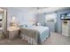 Calm bedroom with blue walls, plush bedding, a ceiling fan and a bright window at 550 Tampico Dr, North Port, FL 34287