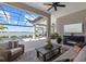 Covered lanai featuring comfortable seating, fireplace, and waterfront views with screened enclosure at 6349 Isla Del Ray Ave, Sarasota, FL 34240