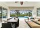 Covered patio with ample seating, dining area, overlooking pool and golf course views at 8206 Heritage Grand Pl, Bradenton, FL 34212