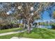 Unique tree house structure with a view of the lake surrounded by shade trees and a paved walking path at 9719 Discovery Ter, Bradenton, FL 34212