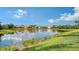 Scenic pond views feature lush greenery, clear water, and glimpses of well-maintained homes in the distance on a bright sunny day at 12520 Natureview Cir, Bradenton, FL 34212