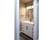 Stylish bathroom featuring a white vanity, modern fixtures, and a well-lit mirror at 27944 Green Willow Run, Wesley Chapel, FL 33544