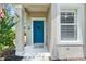 Close-up of the inviting front entrance with a vibrant blue door and charming details at 5047 Newport News Cir, Bradenton, FL 34211