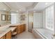 Bathroom featuring glass block shower enclosure, soaking tub, and vanity with double sinks at 7432 Birds Eye Ter, Bradenton, FL 34203