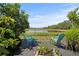 Inviting backyard patio with serene lake views and comfortable seating under the blue sky at 1111 Harefield Cir, Sun City Center, FL 33573