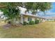 Side view of home with manicured bushes, exterior windows, and mature palm tree at 1906 Canterbury Ln # 16, Sun City Center, FL 33573