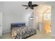 Bedroom with ceiling fan and window with blinds at 4629 Whirlaway Dr # B, Sarasota, FL 34233