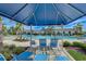 Inviting community pool with lounge chairs, sunshade, and a view of the clubhouse at 5659 Woodland Sage Dr, Sarasota, FL 34238