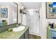 Bathroom featuring modern glass enclosed shower, vanity with an elegant mirror, sink, and decorative shelving at 12714 Tyler Run Ave, Odessa, FL 33556