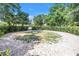 A spacious sand outdoor arena is surrounded by mature trees and green landscaping, offering a serene training environment at 12714 Tyler Run Ave, Odessa, FL 33556
