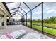 Screened-in patio featuring brick-paved flooring and two lounge chairs overlooking the backyard at 16943 Rosedown Gln, Parrish, FL 34219