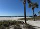 Expansive beach view with beach chairs, palm trees, a waterslide, and clear blue water at 5500 Gulf Blvd # 6248, St Petersburg, FL 33706