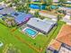 Aerial view of property showcasing the backyard pool, spacious lawn, and neighborhood pond at 5742 39Th Street E Cir, Bradenton, FL 34203