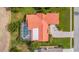 This stunning aerial shot showcases a private pool, lush lawn, and unique orange roof at 7804 Broadmoor Pines Blvd, Sarasota, FL 34243