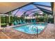 Screened-in pool with brick trim and patio, surrounded by tropical plants and landscape at 7913 19Th Avenue W Dr, Bradenton, FL 34209