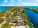Aerial view of the property with a waterfront backyard and access to the canal, surrounded by lush trees at 8234 Midnight Pass Rd, Sarasota, FL 34242