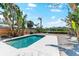 Backyard pool and deck area surrounded by lush landscaping, under blue skies at 8234 Midnight Pass Rd, Sarasota, FL 34242
