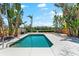 Backyard pool area surrounded by tropical landscaping with clear turquoise water and bright skies at 8234 Midnight Pass Rd, Sarasota, FL 34242