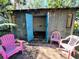 Backyard view features colorful patio chairs and an open shed with blue doors at 1019 10Th W Ave, Bradenton, FL 34205