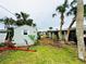 Backyard featuring mature palm trees and shed at 104 Pops Ln, Nokomis, FL 34275