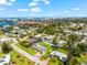 Aerial view of a one-story home with a screened-in pool surrounded by lush greenery in a charming neighborhood at 1723 Laramie St, Sarasota, FL 34231