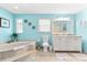 Main bathroom with double vanity, soaking tub, and turquoise walls with seaside decor at 1723 Laramie St, Sarasota, FL 34231