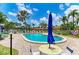 Relaxing pool area with tables, lounge chairs, umbrellas, and beautiful palm trees create a vacation oasis at 3213 Mercer Rd, Bradenton, FL 34207