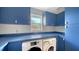 Laundry room with blue cabinets, bright countertop, and a modern washer and dryer at 4771 Riverwood Cir, Sarasota, FL 34231