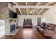Cozy living room with a stone fireplace, hardwood floors, and comfortable seating perfect for relaxation at 6406 Lincoln Rd, Bradenton, FL 34203
